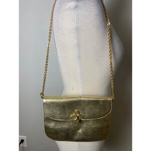 Vintage 1960s Block Gold Metallic Lizard Embossed Chain Shoulder Bag Mid Century